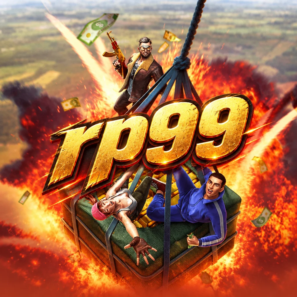 Ilustrasi aksi Battleground Royale dari rp99 dengan karakter di atas kotak airdrop berlatar ledakan