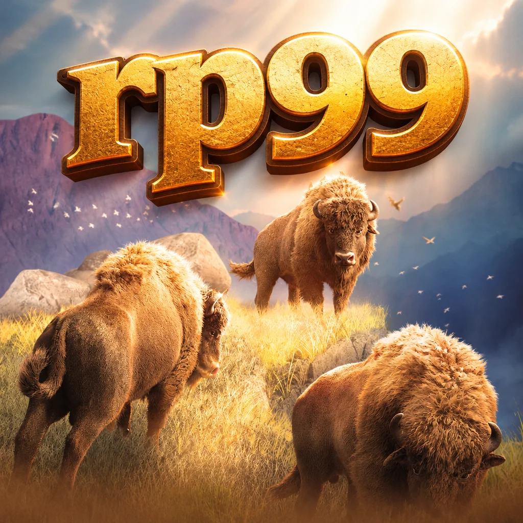 Grafis Buffalo Win menampilkan kawanan bison di padang rumput berbukit dengan logo rp99